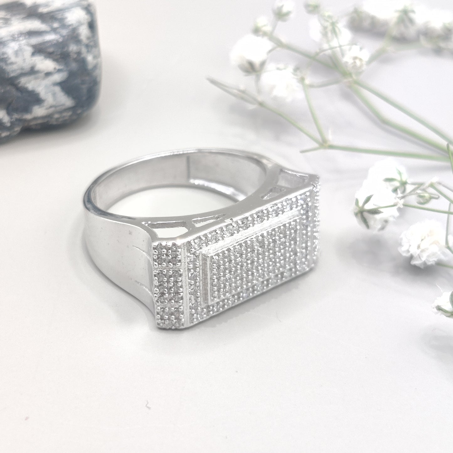 Elegant Cube Pattern CZ Men's Silver Ring