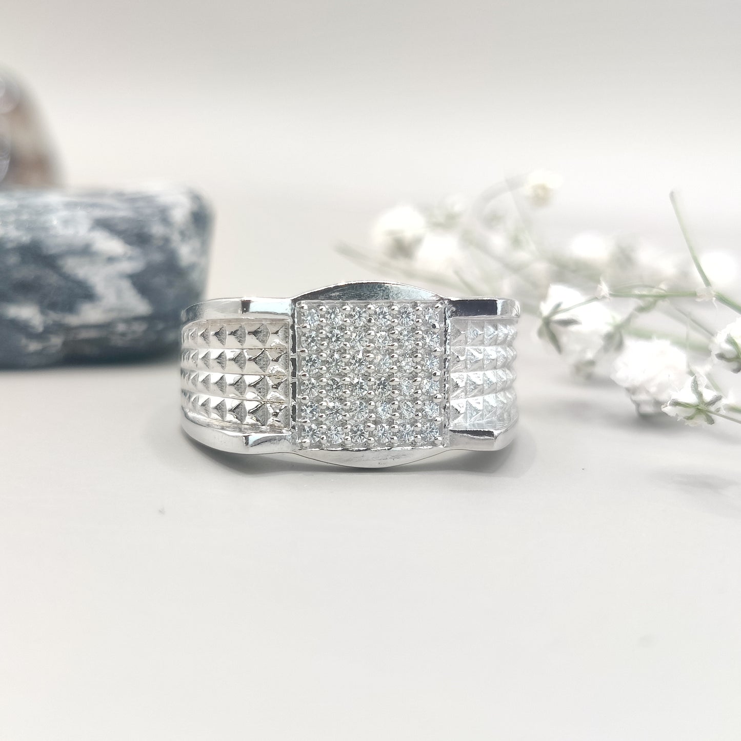Faceted Pattern Square CZ Silver Ring