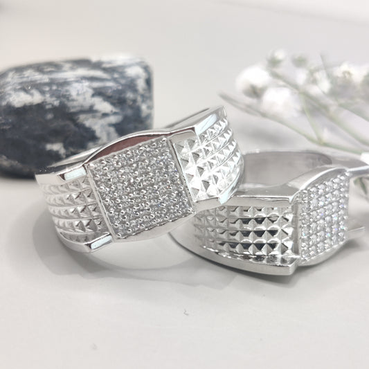 Faceted Pattern Square CZ Silver Ring