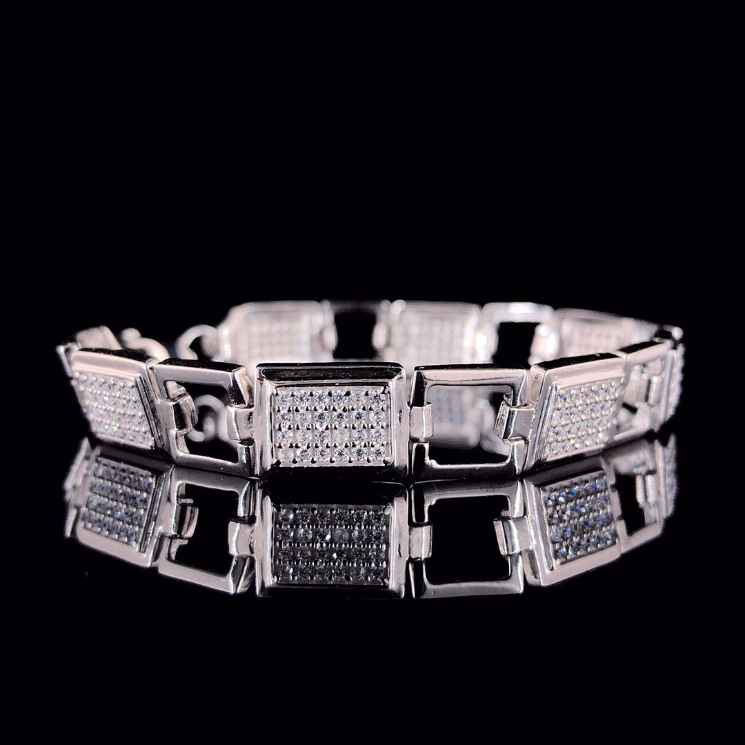 Rectangular Sleek CZ Encrusted Pure 925 Silver Loose Fit Bracelet for Men
