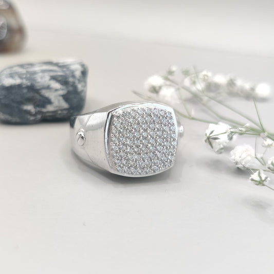 Stylish Square Pavé Sterling Silver Ring