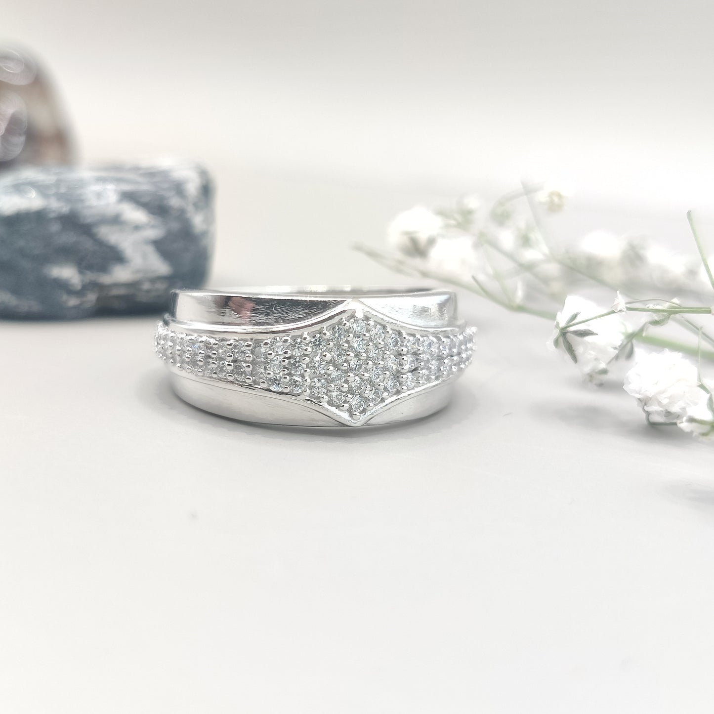 Refined Rhombus-Cut CZ Silver Ring