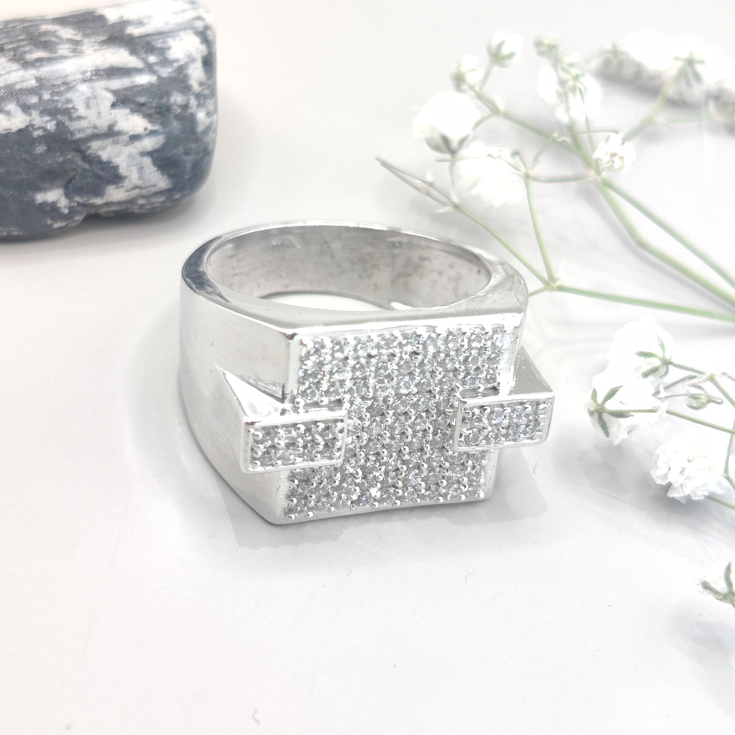 Sparkling CZ Stone Rectangular Sterling Silver Ring