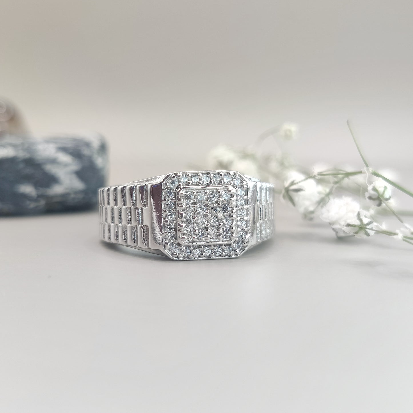 Stylish Crosshatch CZ Sterling Silver Ring