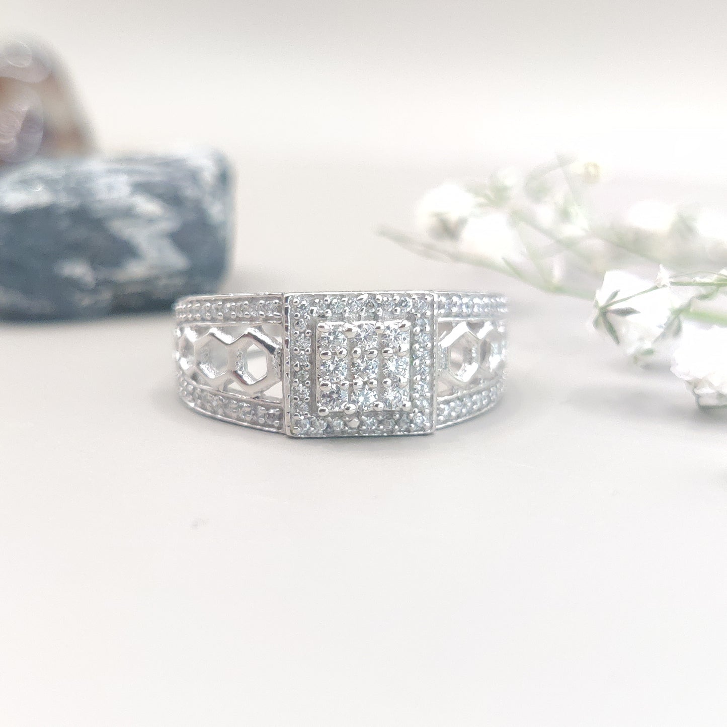 Bold Square Silver Ring with Unique Pentagon Design