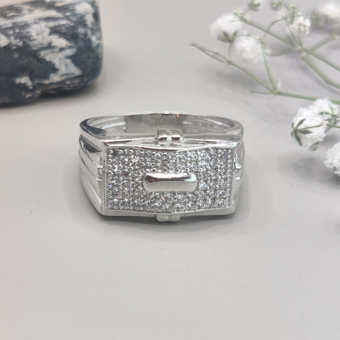 Centered Shining CZ Pavé Silver Ring