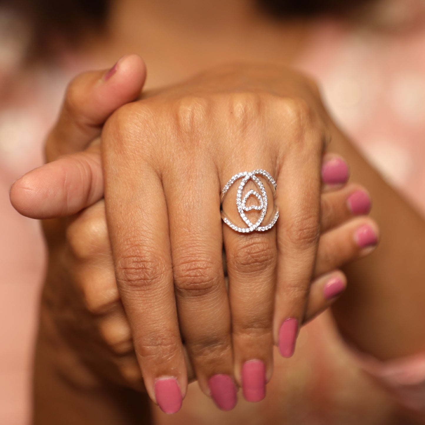 Interlocking Hearts Rose Diamond Silver Ring