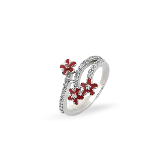 Floral Red Elegance Silver Ring for Women with red stone on display