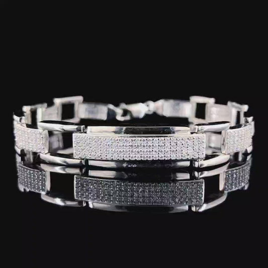Elegant Engraved CZ Loose-fit Pure Silver Bracelet for Men