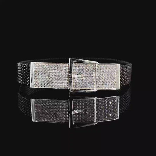 Sparkling Diamond-Buckle Silver Bracelet for Men