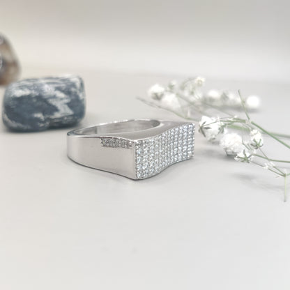 Curved Zirconia CZ-Engraving Silver Ring