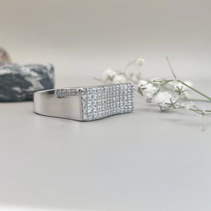 Curved Zirconia CZ-Engraving Silver Ring