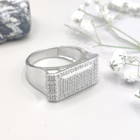 Elegant Cube Pattern CZ Men's Silver Ring