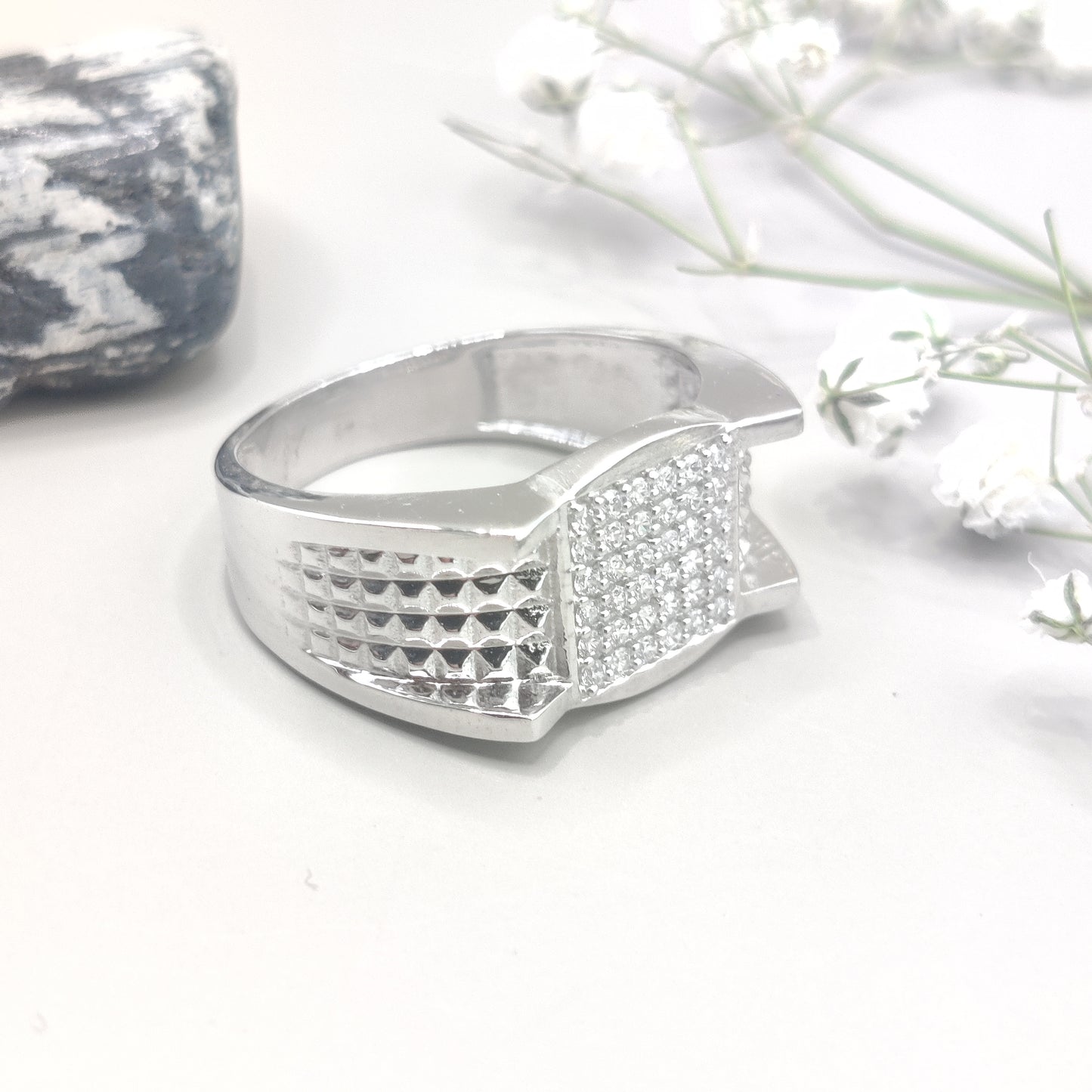 Faceted Pattern Square CZ Silver Ring