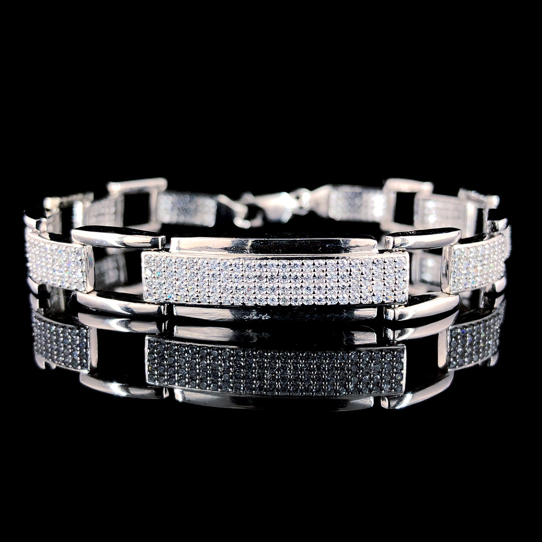 Elegant Engraved CZ Loose-fit Pure Silver Bracelet for Men