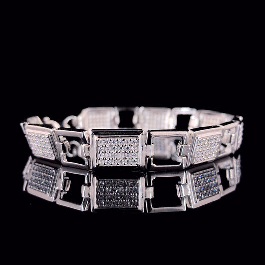 Rectangular Sleek CZ Encrusted Pure 925 Silver Loose Fit Bracelet for Men