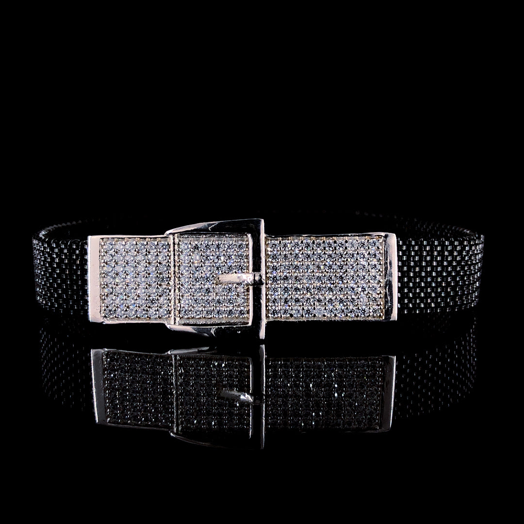 Sparkling Diamond-Buckle Silver Bracelet for Men