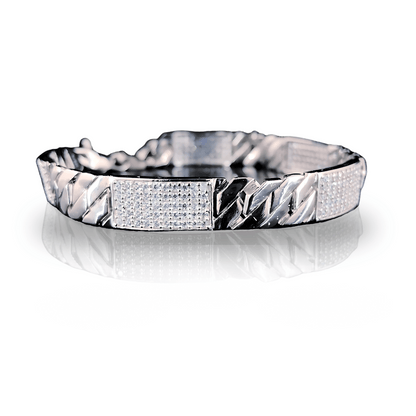 Cross Link Dazzling CZ-Stone Antique Pure Silver Braceletfor Men