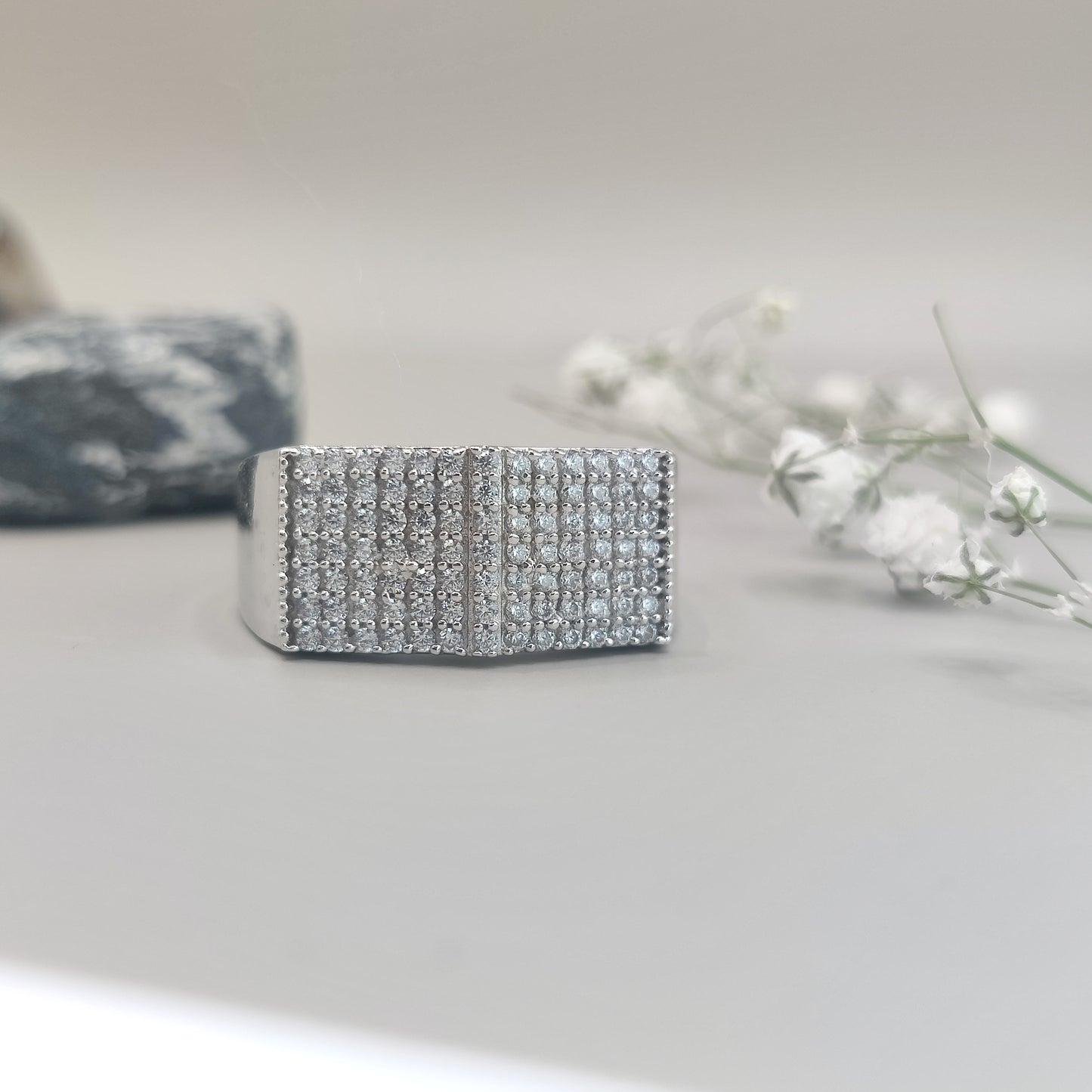 Round Brilliant CZ Square Sterling Silver Ring