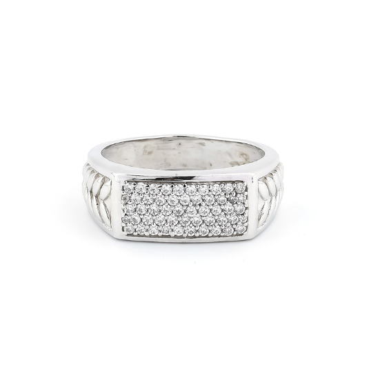 Men's Leafy Elegance CZ Pavé Set Silver Ring