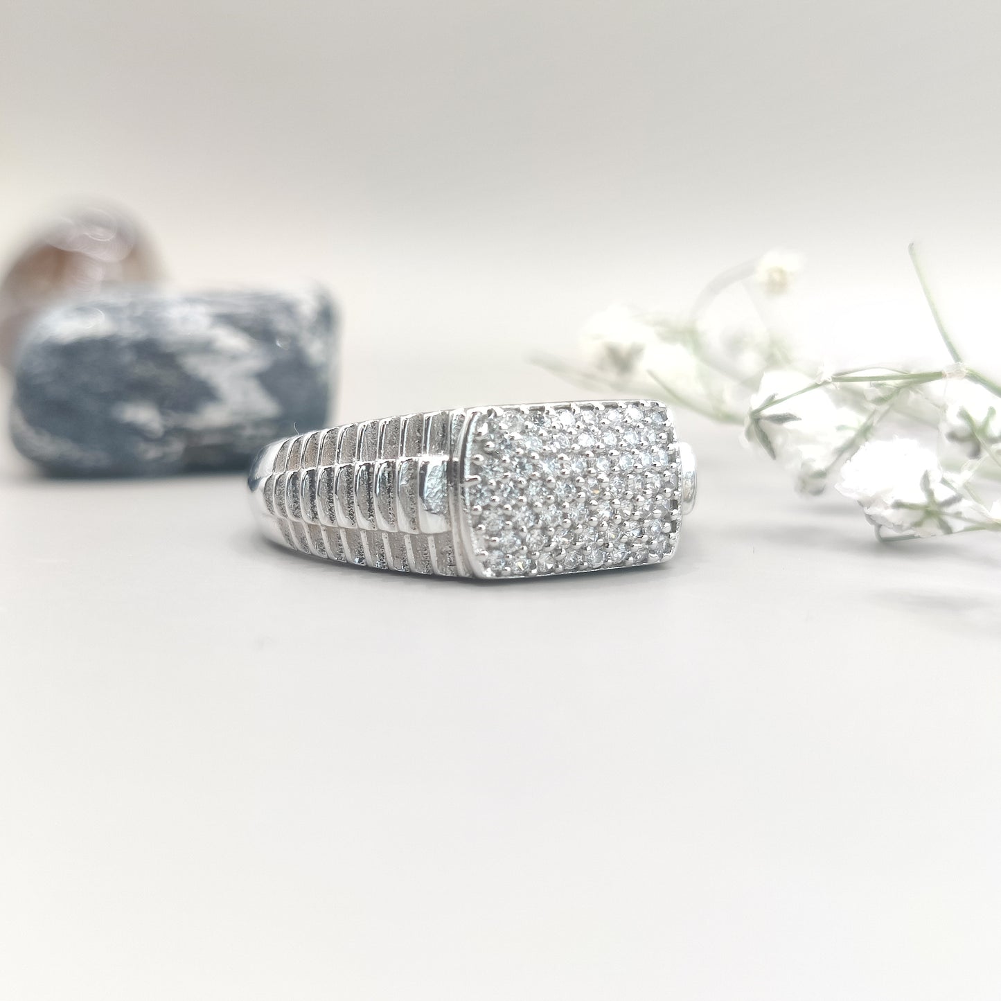 Crosshatch Intricate CZ Sparkling Silver Ring