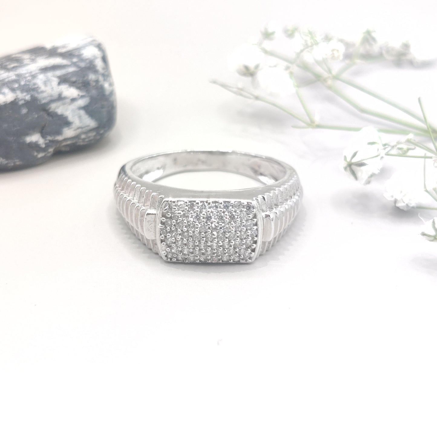 Crosshatch Intricate CZ Sparkling Silver Ring