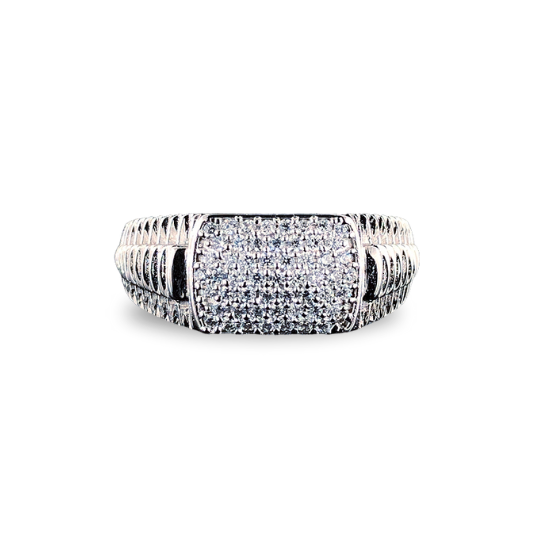Intricate crosshatch sterling silver ring for men with CZ sparkle accents