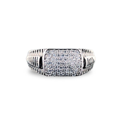 Intricate crosshatch sterling silver ring for men with CZ sparkle accents