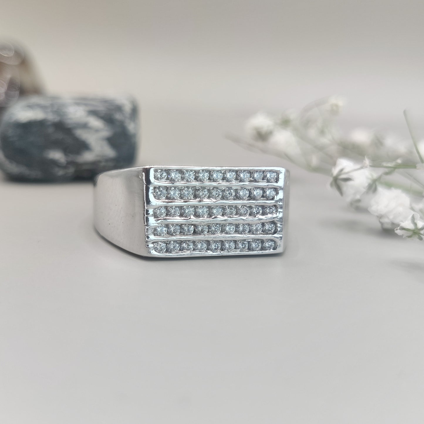 Sterling Silver CZ-Encrusted Ring with Classic Style