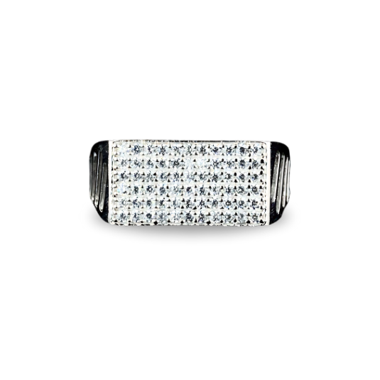 Men's sleek cut rectangle zirconia silver ring with a modern design