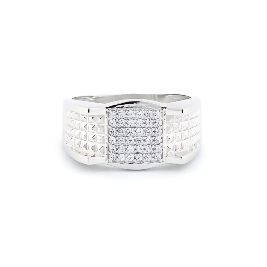 Men's faceted pattern square CZ silver ring with bold design and intricate details