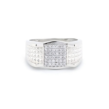 Men's faceted pattern square CZ silver ring with bold design and intricate details