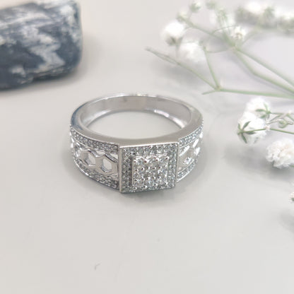 Bold Square Silver Ring with Unique Pentagon Design