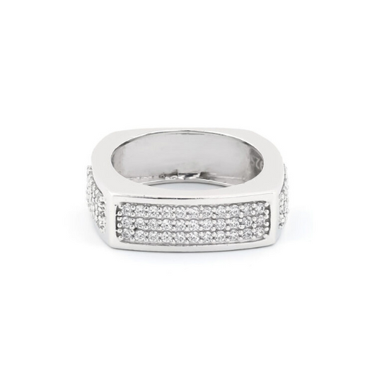 Elegant rectangular CZ silver ring for men with sparkling stones and sophisticated design
