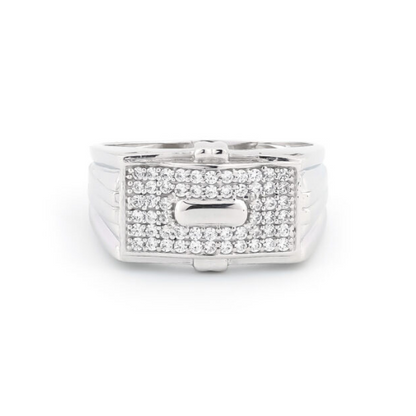 Men’s silver ring with centered shining CZ pavé setting and elegant design