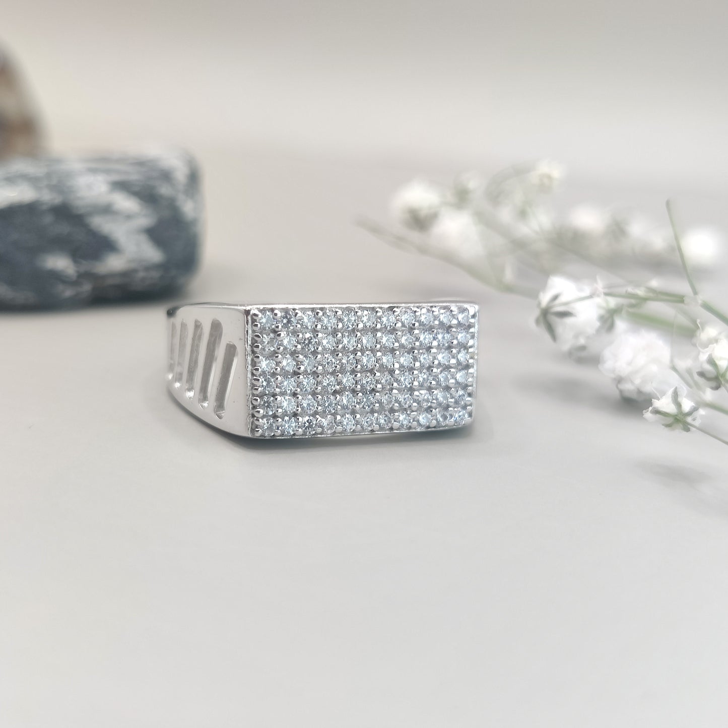 Rectangle Zirconia Silver Ring with Sleek Cut Design