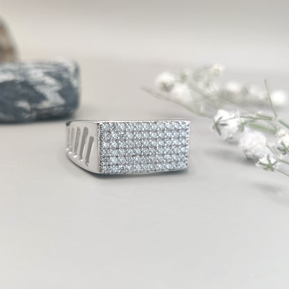 Rectangle Zirconia Silver Ring with Sleek Cut Design
