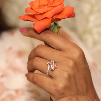 Red Bloom – Elegant Floral Silver Ring