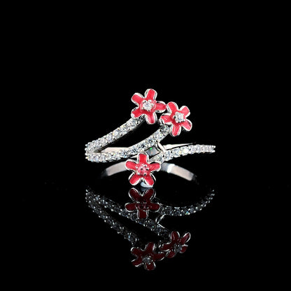 Red Bloom – Elegant Floral Silver Ring