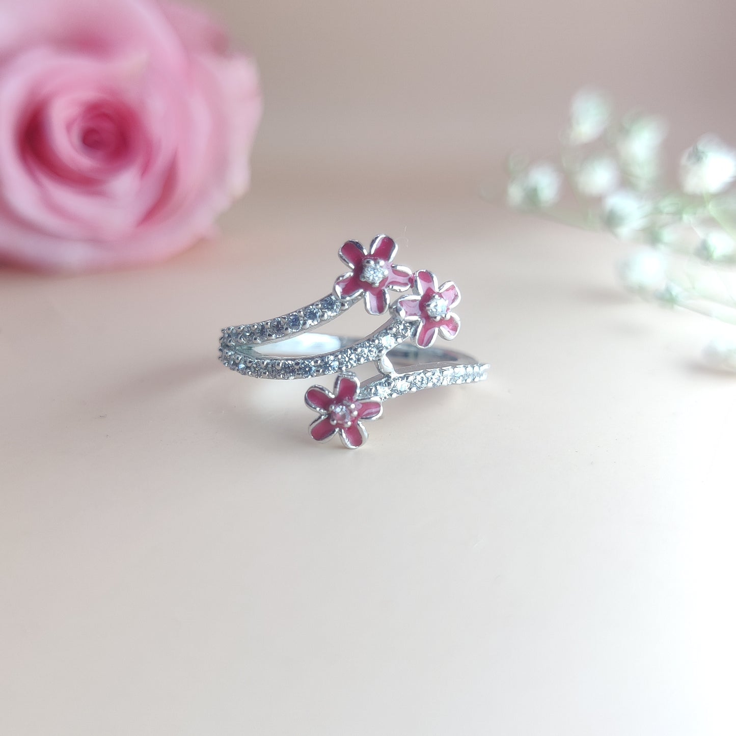 Red Bloom – Elegant Floral Silver Ring