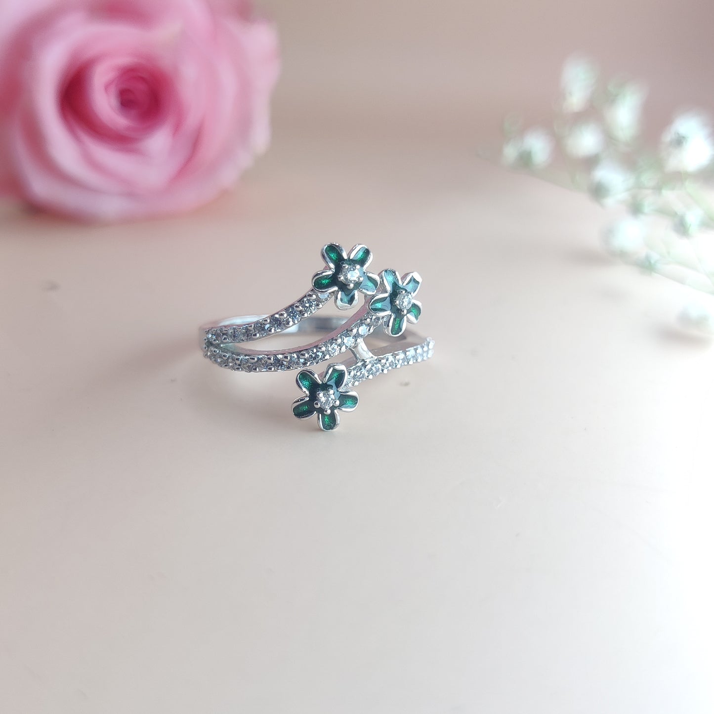 Red Bloom – Elegant Floral Silver Ring