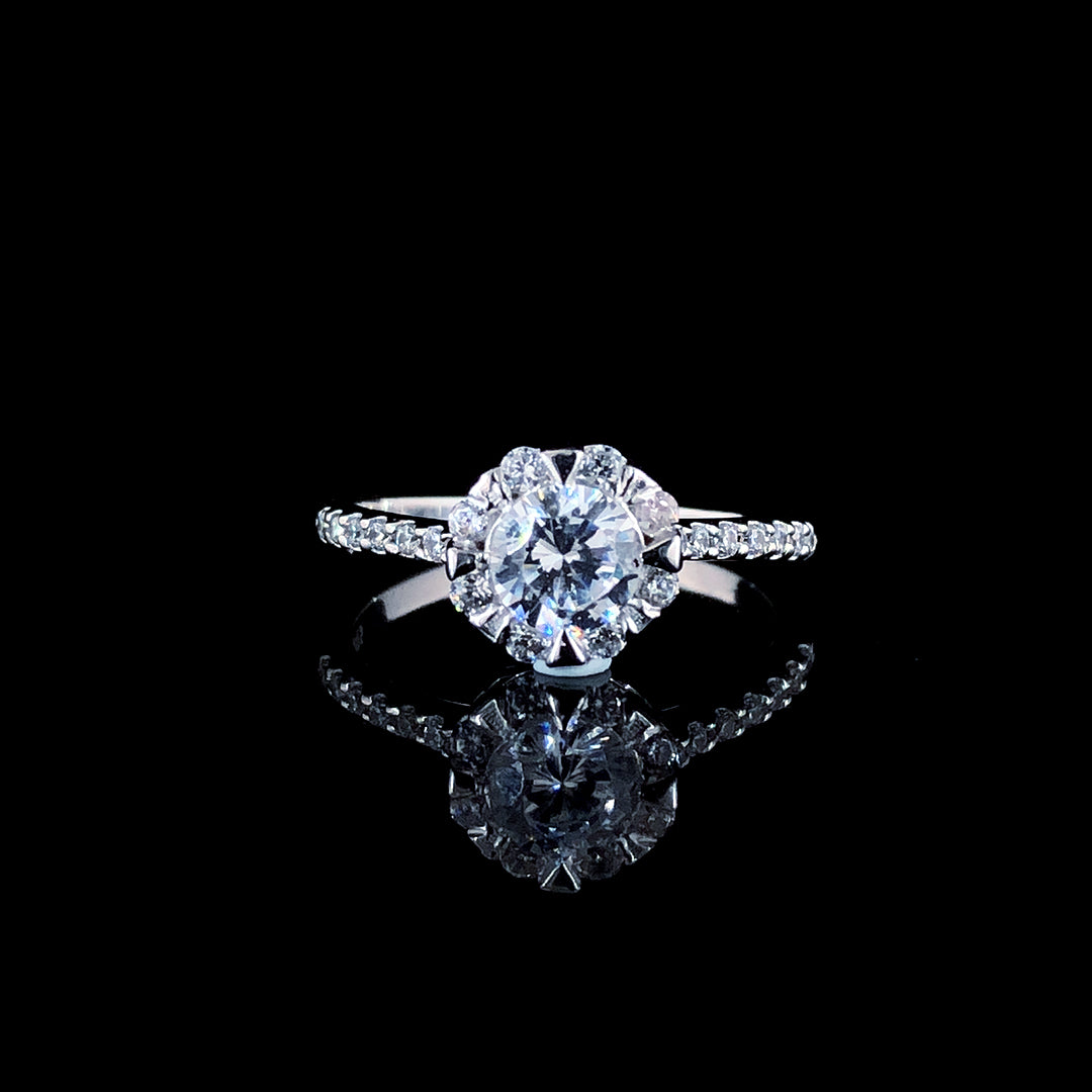 Glittering Solitaire Halo Silver Ring