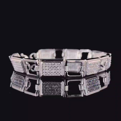 Rectangular Sleek CZ Encrusted Pure 925 Silver Loose Fit Bracelet for Men
